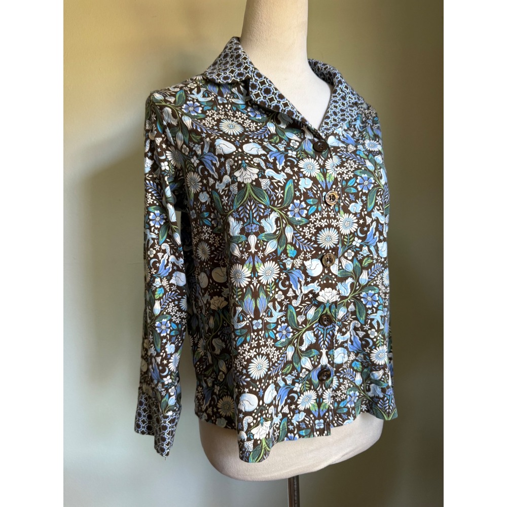 Vera Bradley Brown Blue Floral Animal floral Pajama Top S whimsi cottage boho f